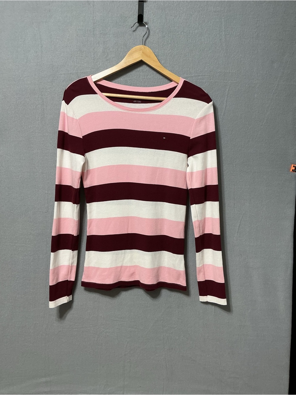 Tommy Hilfiger Women’s Medium Striped Long Sleeve Top Pink Burgundy White